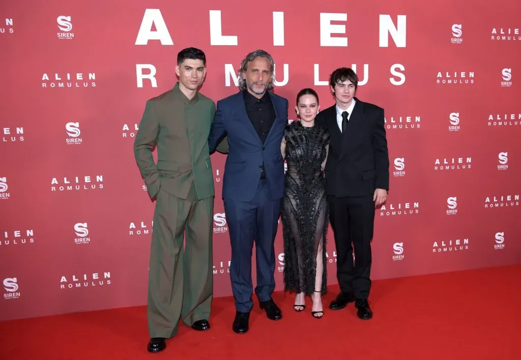 LONDON, ENGLAND – AUGUST 14: (L-R) Archie Renaux, Fede Álvarez, Cailee Spaeny and Spike Fearn attend the UK Gala Screening of 20th Century Studios’ “Alien: Romulus” at Cineworld Leicester Square on August 14, 2024 in London, England. (Photo by Antony Jones/Getty Images for The Walt Disney Company Limited)