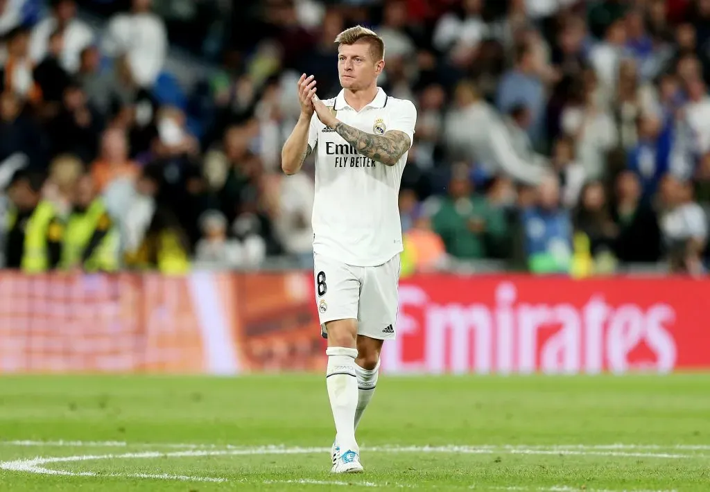 MADRID, SPAIN – MAY 13: Toni Kroos of Real Madrid applauds the fans after the LaLiga Santander match between Real Madrid CF and Getafe CF at Estadio Santiago Bernabeu on May 13, 2023 in Madrid, Spain. (Photo by Florencia Tan Jun/Getty Images)