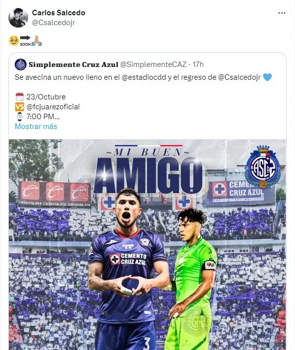 Carlos Salcedo le dedicó un mensaje en redes a Cruz Azul (X)