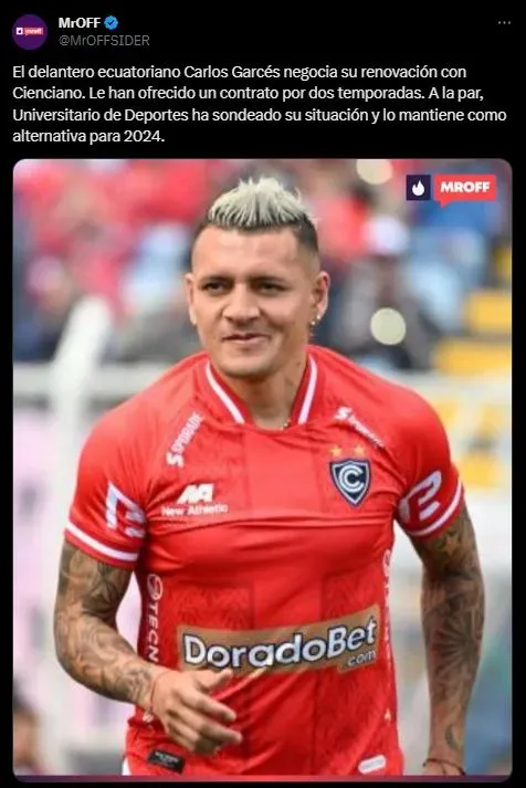 Información sobre Carlos Garcés, ex Cienciano del Cusco. (Foto: Twitter).