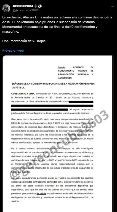 Documento oficial del pedido de Alianza Lima. (Foto: Twitter).