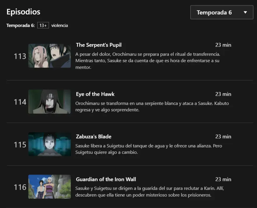 Este es el listado de capítulos que muestra que la serie pronto tendrá su temporada 6 disponible en nuestra región. Imagen: Netflix.