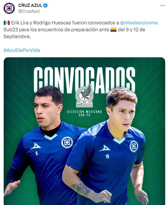 Erik Lira y Rodrigo Huescas convocados a la Selección Mexicana Sub 23 (Twitter)