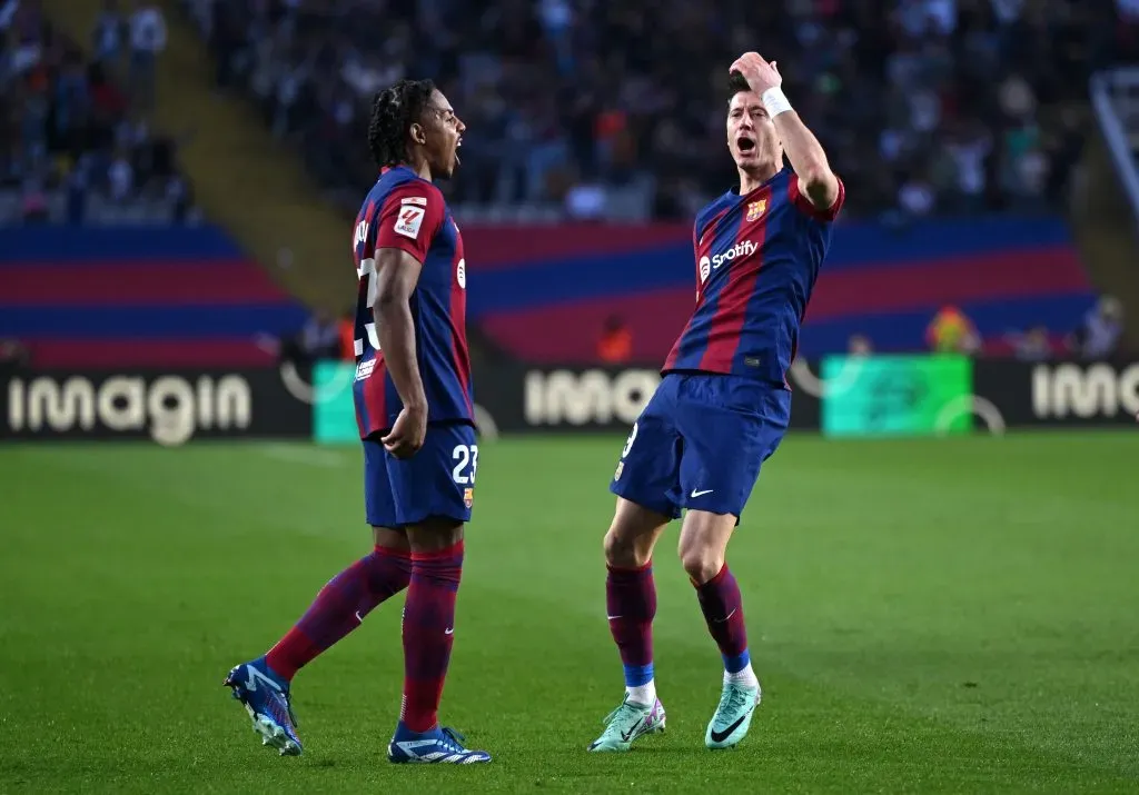 Comemoração de gol no Barcelona. Foto: David Ramos/Getty Images