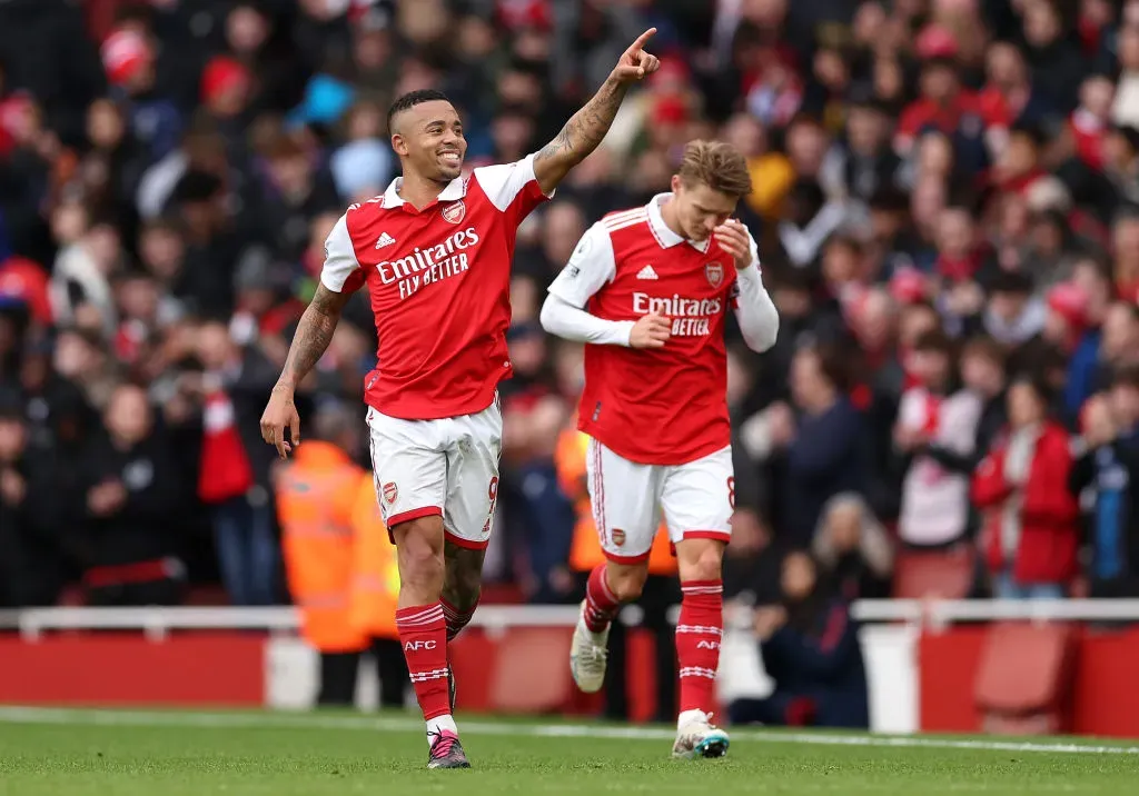 LONDON, ENGLAND – APRIL 01: Gabriel Jesus of Arsenal celebrates after scoring the team’s first goal during the Premier League match between Arsenal FC and Leeds United at Emirates Stadium on April 01, 2023 in London, England. (Photo by Julian Finney/Getty Images)