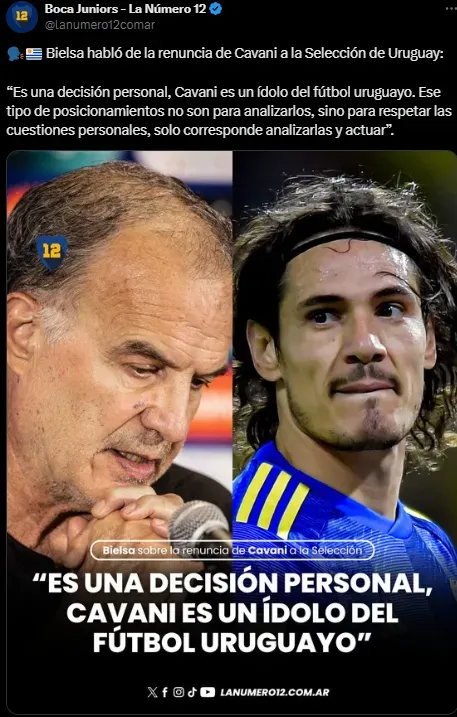 Bielsa habló sobre la decisión de Cavani.