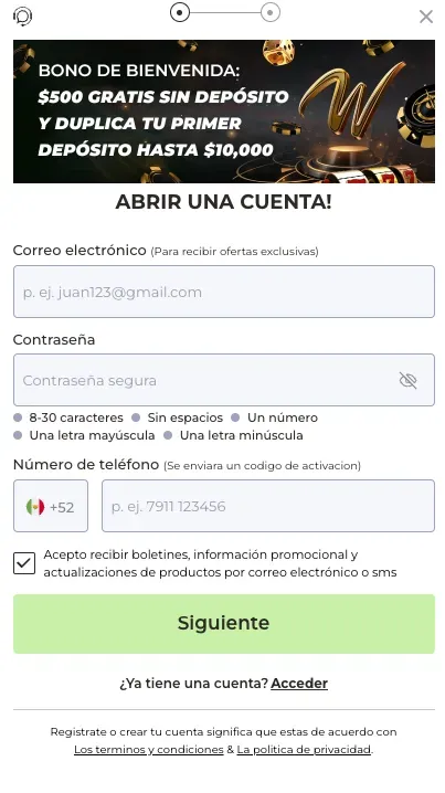 Dónde poner código promocional en registro Winpot 