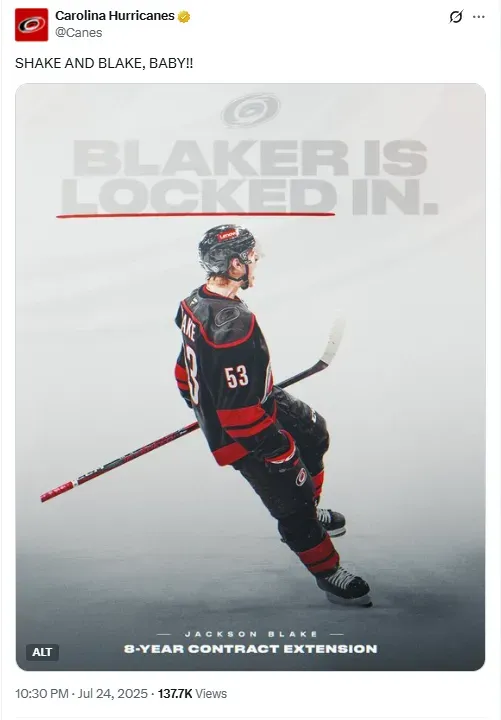 Jackson Blake #53 of the Carolina Hurricanes reacts with his team following a goal scored during the third period in Game Three of the Second Round of the 2025 Stanley Cup Playoffs against the Washington Capitals on May 10, 2025 in Raleigh, North Carolina. (Photo by Jared C. Tilton/Getty Images)