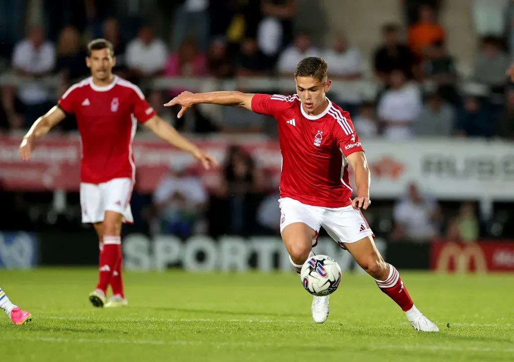Brandon Aguilera of Nottingham Forest runs with the ball during the pre-season friendly. (Photo by David Rogers/Getty Images)