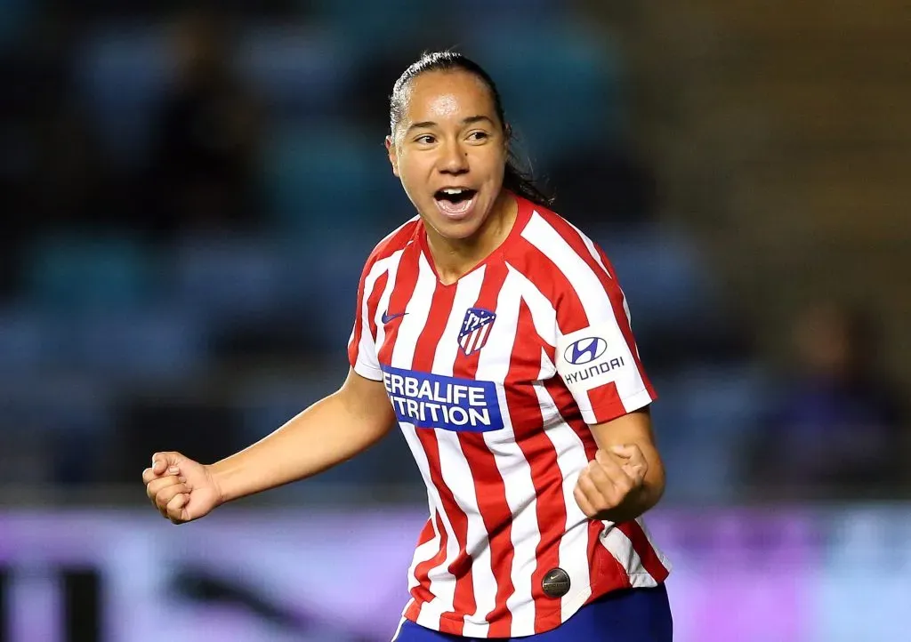 MANCHESTER, ENGLAND – OCTOBER 16: Veronica Charlyn Corral of Atletico Madrid Femenino celebrates after scoring her goal during the UEFA Women’s Champions League Round of 16 First Leg match between Manchester City Women and Atletico Madrid Femenino at The Academy Stadium on October 16, 2019 in Manchester, England. (Photo by Alex Livesey/Getty Images)