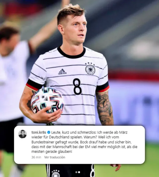 Toni Kroos confirma en redes sociales su regreso a la selección alemana. | Foto: Captura.