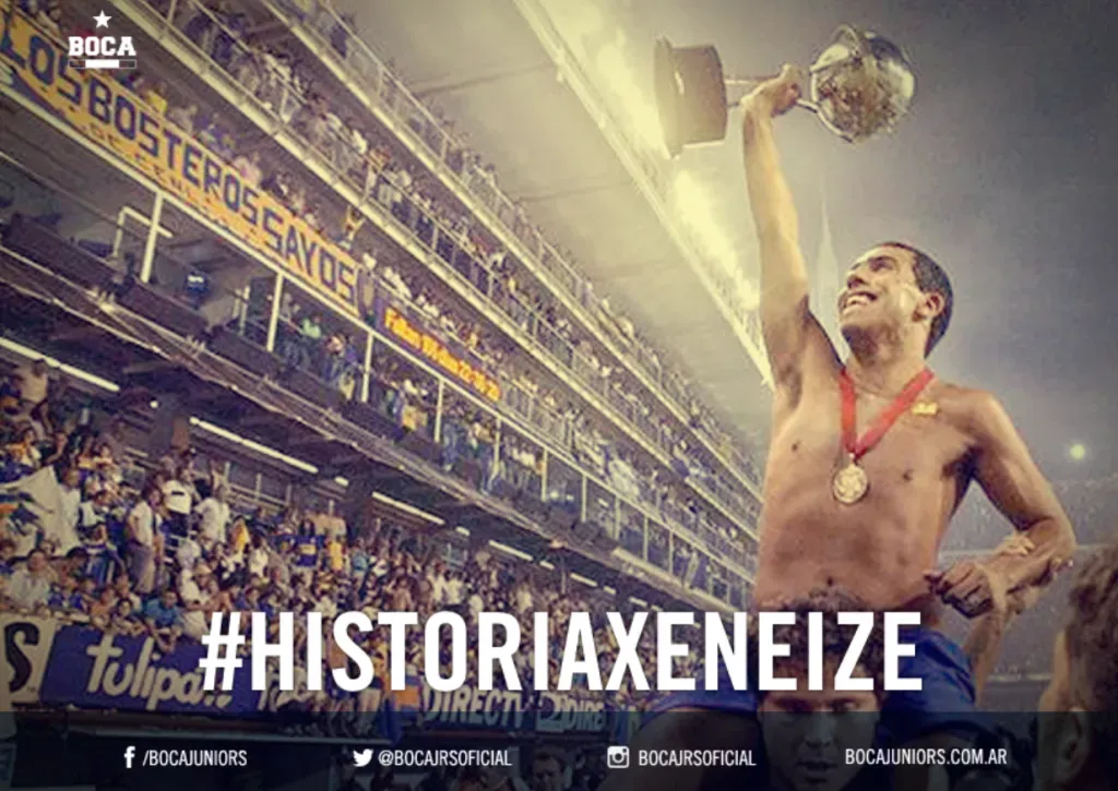 En 2015, Boca recordó la obtención de la Copa Sudamericana 2003 con la imagen de Carlos Tevez. (Boca vía Twitter)