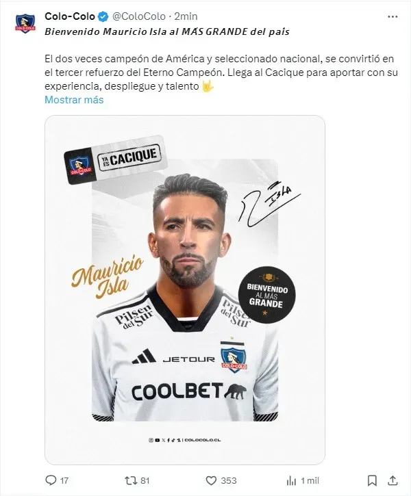 Colo Colo oficializa la llegada de Mauricio Isla.