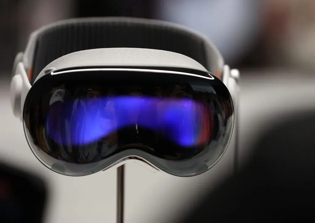 CUPERTINO, CALIFORNIA – JUNE 05: The new Apple Vision Pro headset is displayed during the Apple Worldwide Developers Conference on June 05, 2023 in Cupertino, California. Apple CEO Tim Cook kicked off the annual WWDC23 developer conference with the announcement of the new Apple Vision Pro mixed reality headset. (Photo by Justin Sullivan/Getty Images)