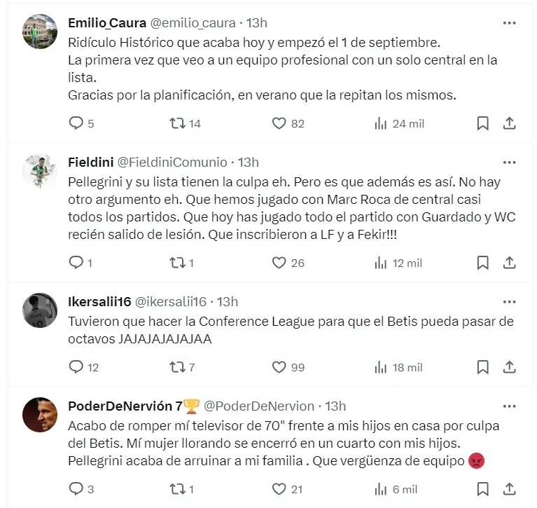 Algunas de las respuestas de los fanáticos del Betis en la cuenta del club tras la eliminación