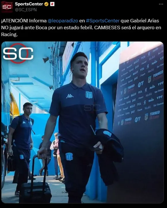 Arias no atajará en Racing.