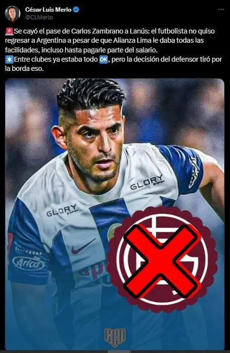 Carlos Zambrano rechazó ir a Lanús. (Foto: Twitter).