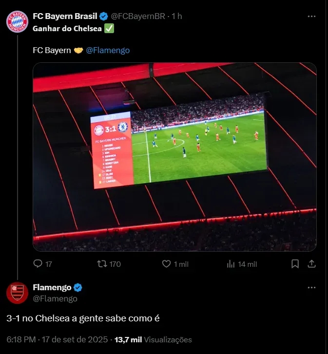 Flamengo e Bayern se unem para zoar o Chelsea