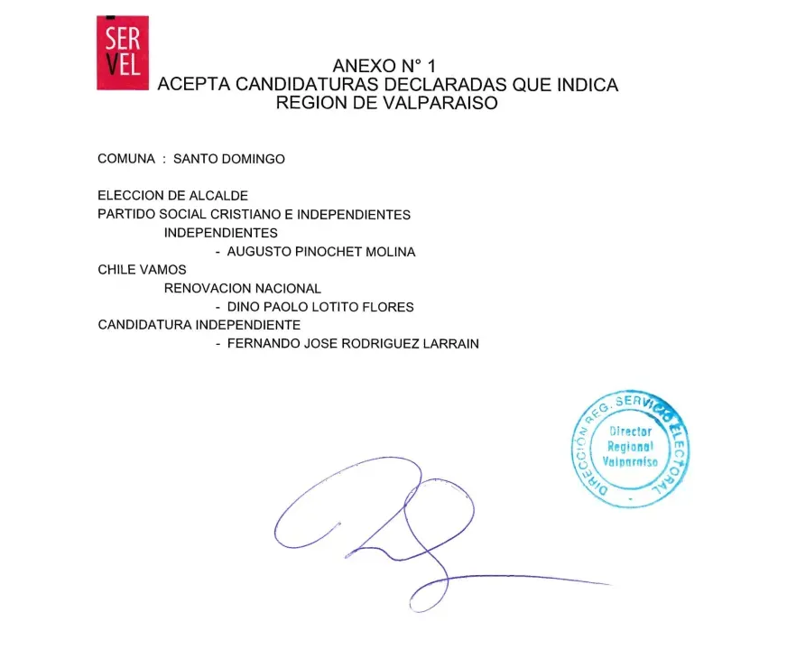 El Servel ratificó la candidatura de Augusto Pinochet Molina.