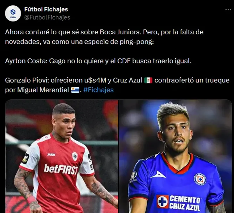 ¿Miguel Merentiel por Gonzalo Piovi? El rumor de mercado que involucra a Cruz Azul con Boca Juniors. Noticias en tiempo real