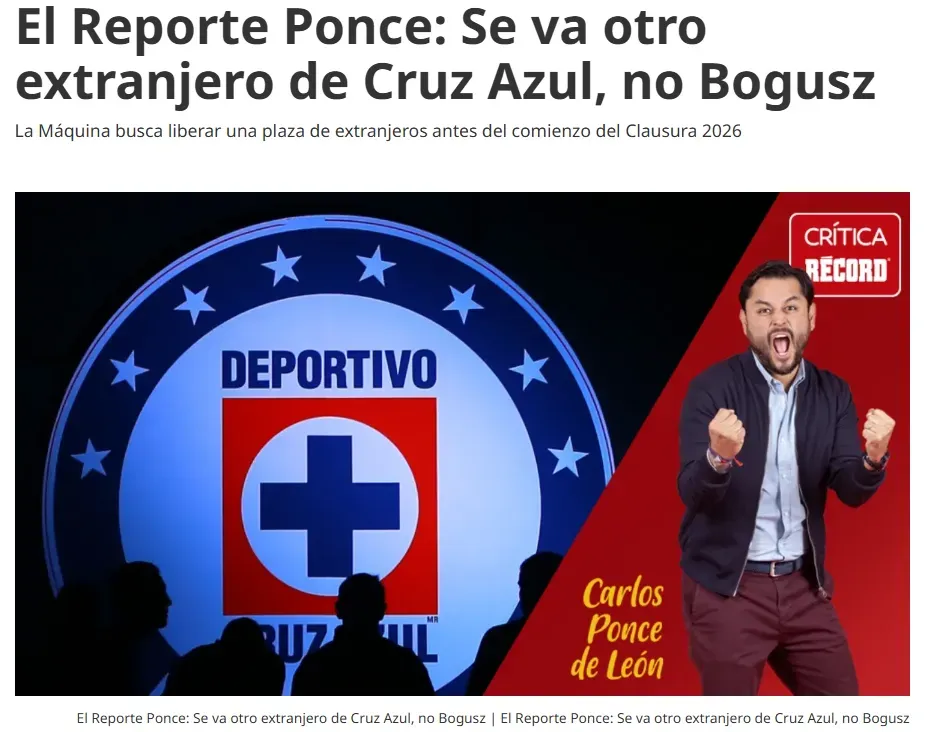 Según Récord, saldría otro extranjero de Cruz Azul y no Bogusz. (Captura Récord)