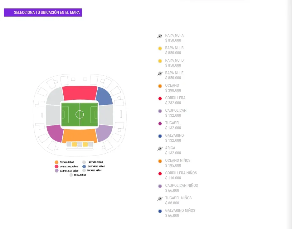 Las tribunas que ya están agotadas del Estadio Monumental de Colo Colo (Puntoticket)