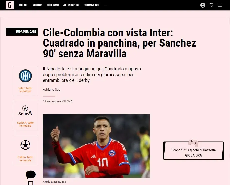 El reporte de La Gazzetta dello Sport sobre Alexis Sánchez (Captura)