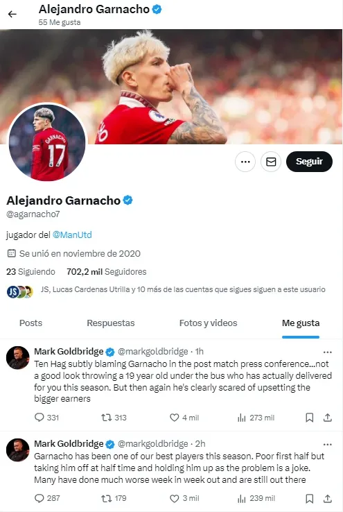 Los tuits a los que Garnacho le dio like