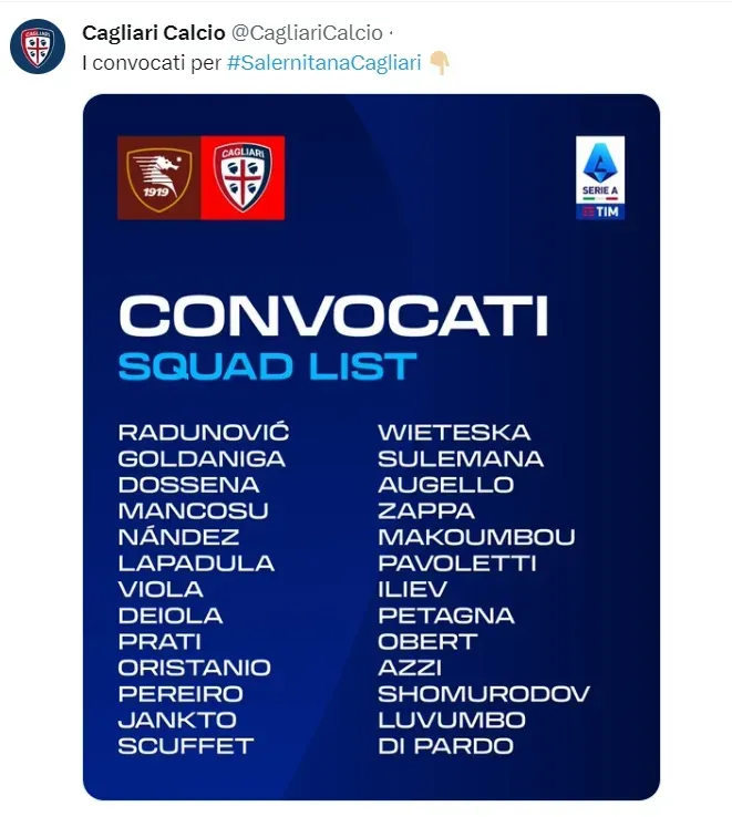 Gianluca Lapadula presente en la convocatoria del Cagliari. | Créditos: Twitter Cagliari.