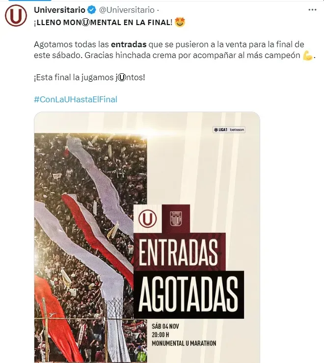 Universitario anunció que no hay entradas para el duelo ante Alianza. | Créditos: X Universitario.