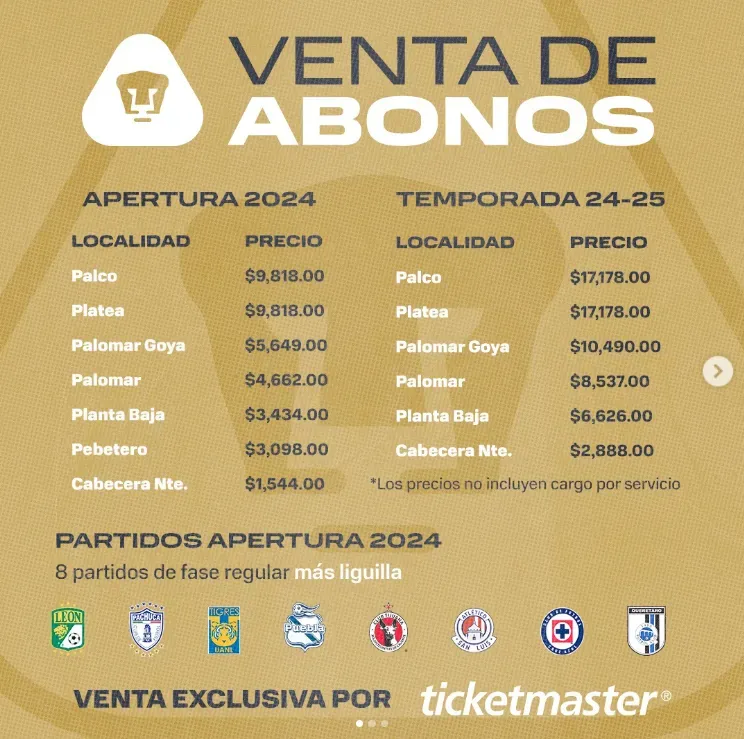 Captura de Instagram con los precios de abonos para visitar CU