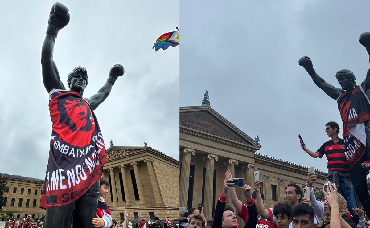 Torcida do Flamengo invade Filadélfia e “batiza” estátua de Rocky Balboa antes da estreia do Mundial