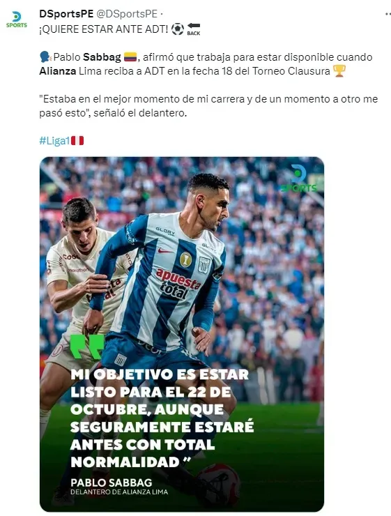 ¿Pablo Sabbag volverá a jugar con Alianza Lima? | Créditos: Twitter @DSportsPe.