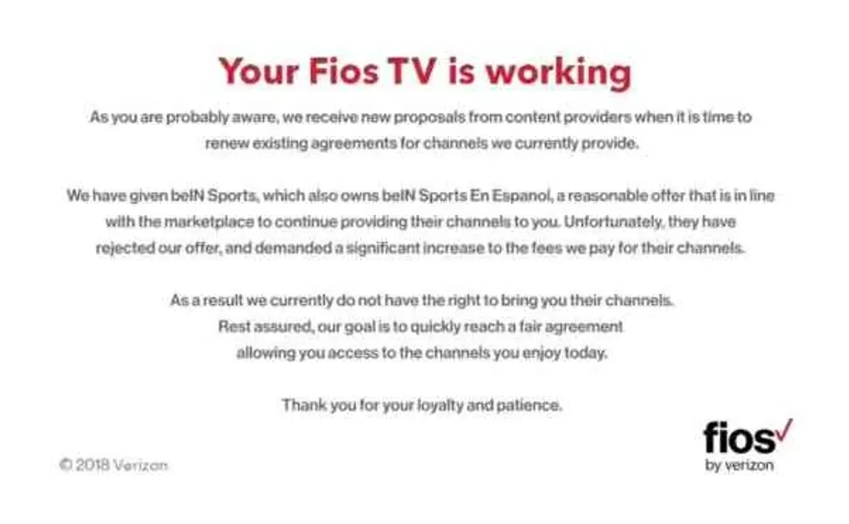 Verizon Fios removes beIN SPORTS from its programming