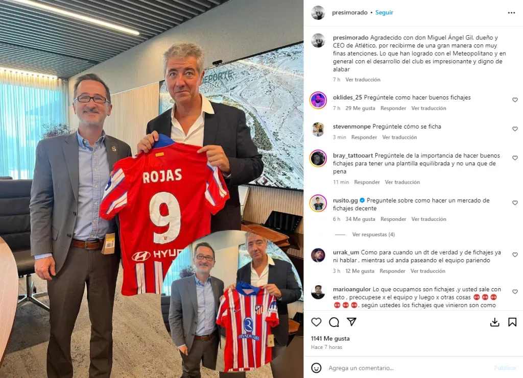 Rojas estuvo con el CEO del Atlético de Madrid pero la afición de Saprissa le reclamó refuerzos. (Instagram)