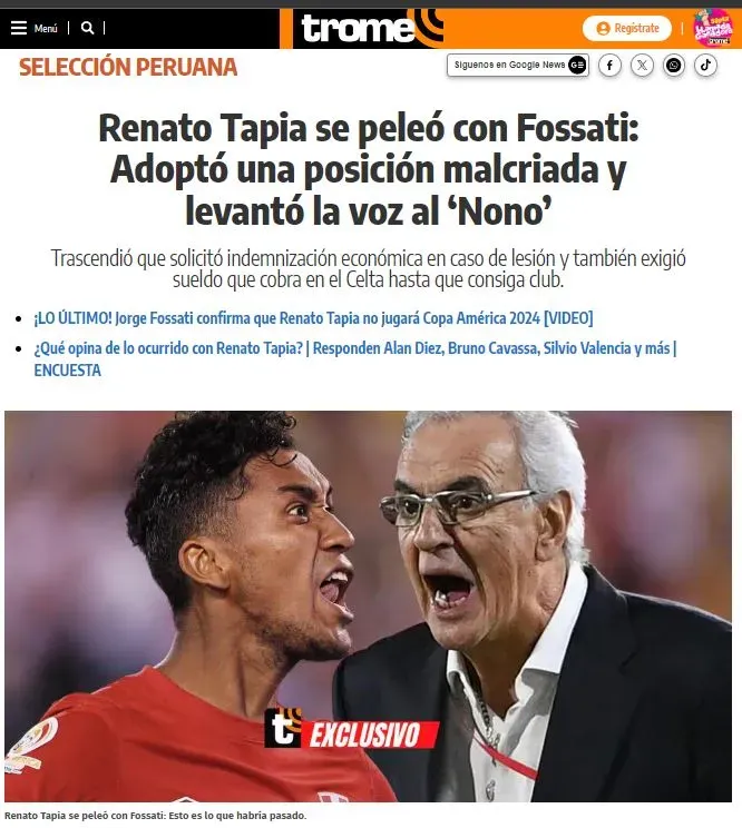 La pelea entre Renato Tapia y Jorge Fossati. (Foto: El Trome).