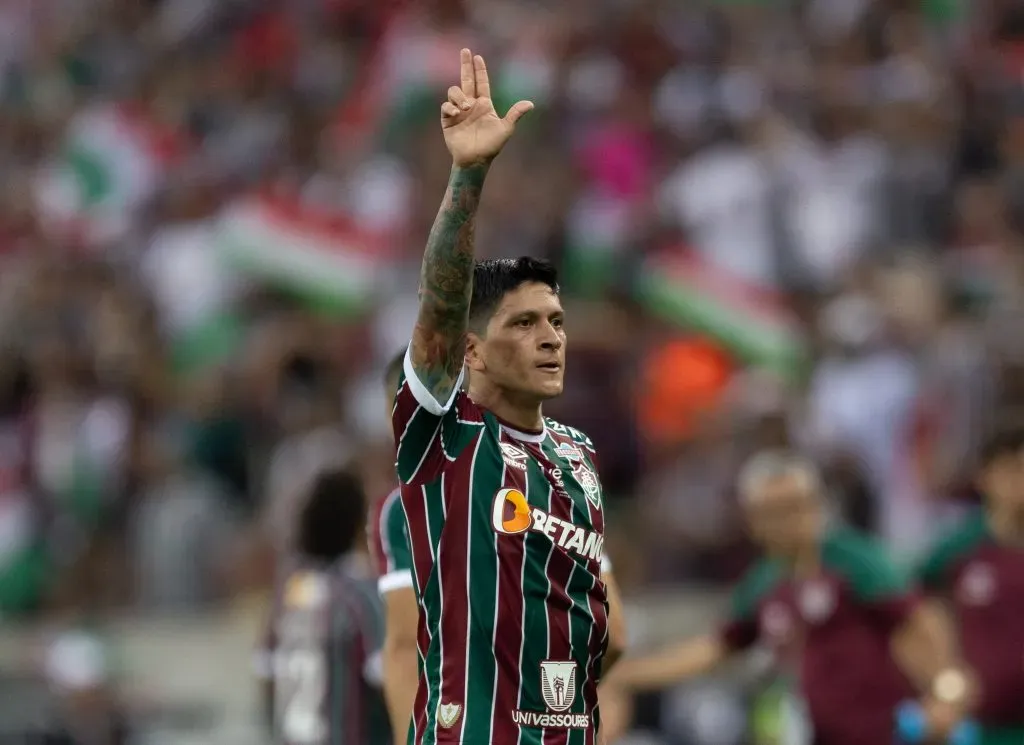 German Cano jogador do Fluminense comemora seu gol durante partida. Foto: Liamara Polli/AGIF