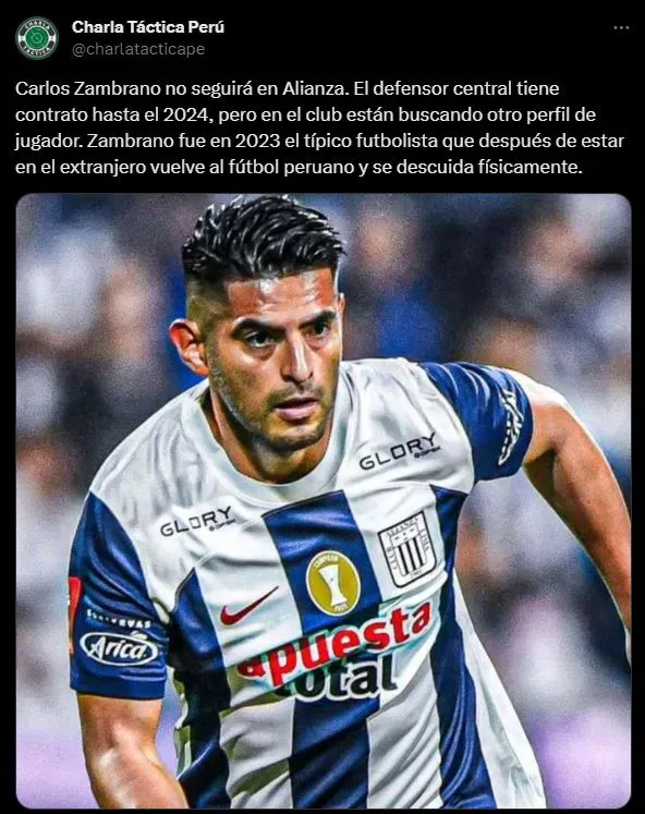 Carlos Zambrano no continuaría en Alianza Lima. (Foto: Twitter).