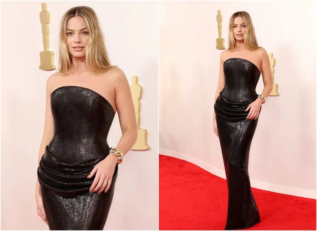 Margot Robbie in Versace (Mike Coppola/Getty Images)