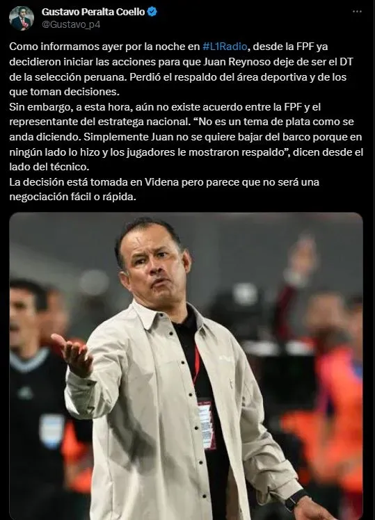 Juan Reynoso en sus últimas horas con Perú. (Foto: Twitter).