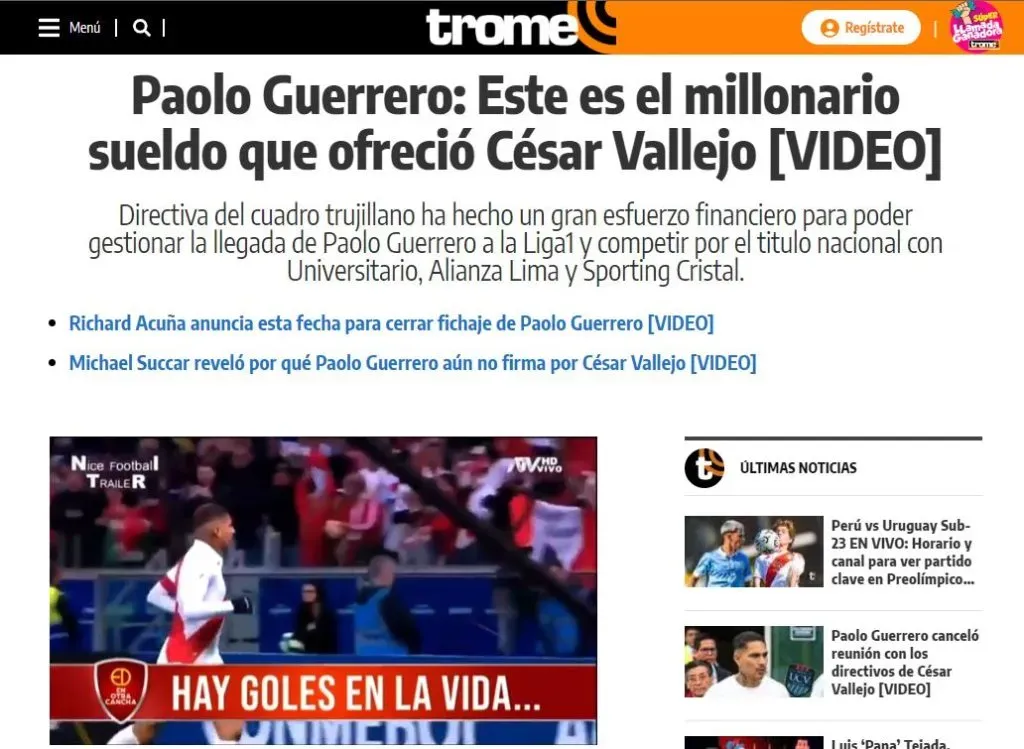 Información sobre el sueldo de Paolo Guerrero. (Foto: Diario Trome).
