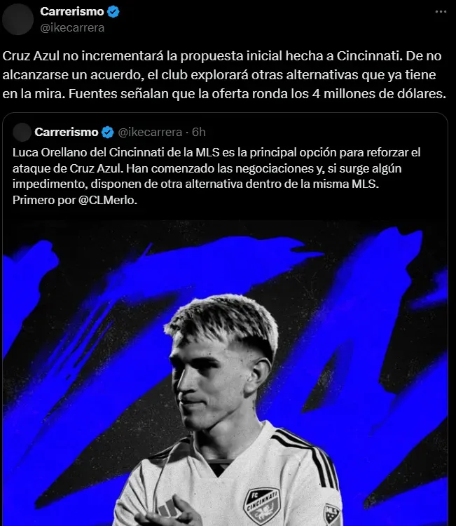 Revelan el monto de la oferta de Cruz Azul por Luca Orellano: ¿Van a fondo por el argentino?. Noticias en tiempo real