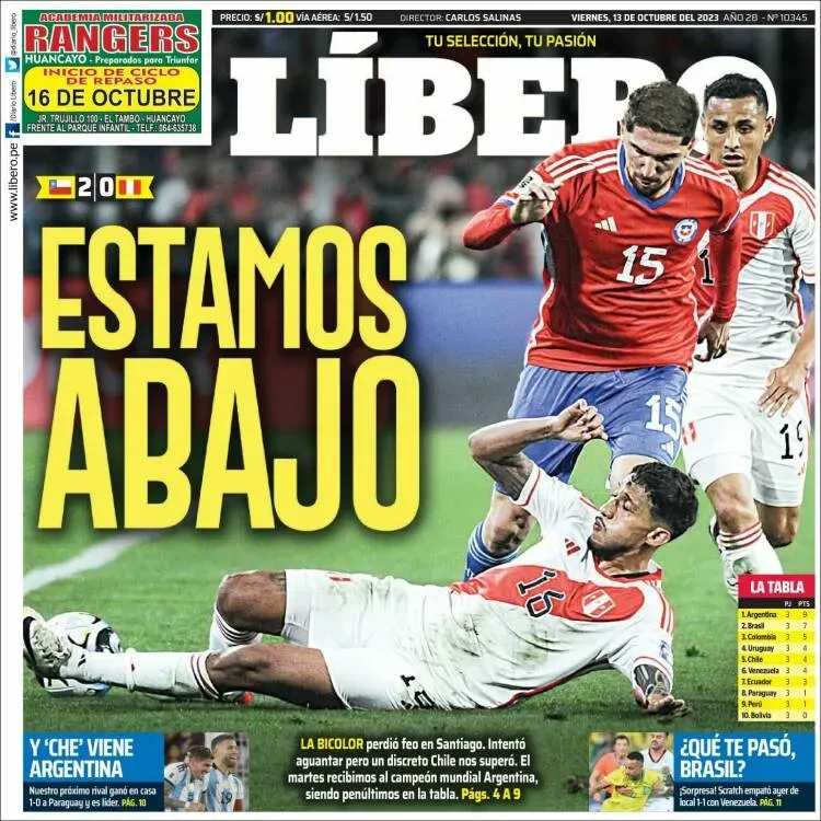 La portada de el Líbero tras la derrota de Perú ante la selección chilena.