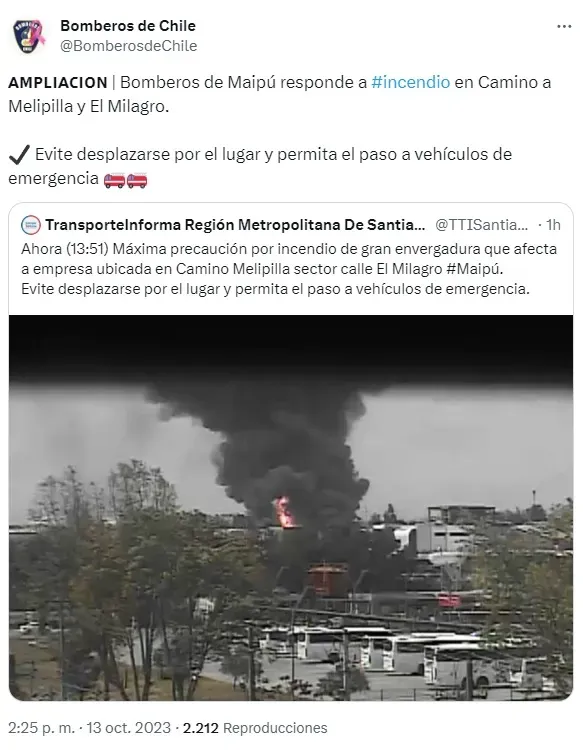 Bomberos informa a los vecinos de incendio en planta de Gasco a través de su cuenta de X.