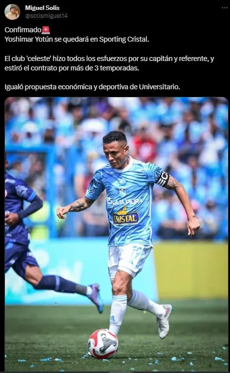 Yoshimar Yotún continuará en Sporting Cristal. (Foto: Twitter).