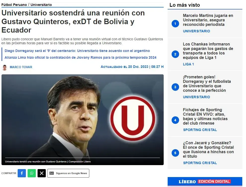 Gustavo Quinteros tendrá reunión con Universitario de Deportes. (Foto: Diario Líbero).