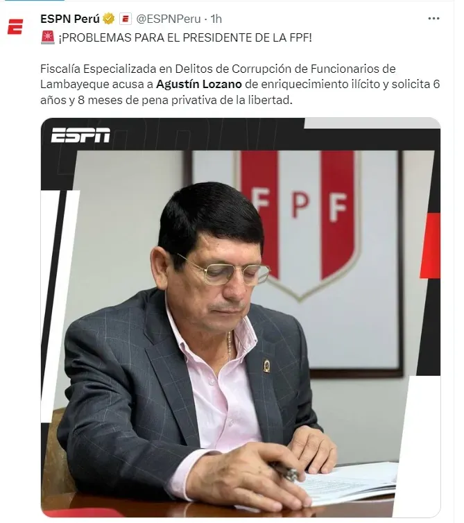 Lozano, presidente de la Federación Peruana de Fútbol. | Créditos: ESPN Perú.