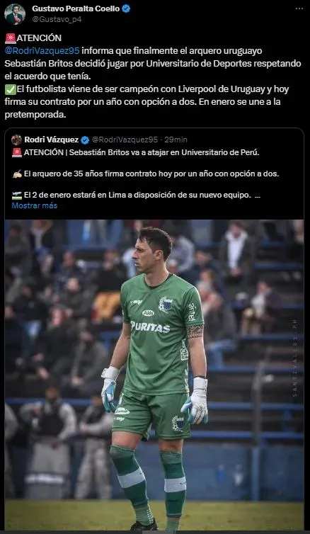 Información reciente de Sebastián Britos. (Foto: Twitter).