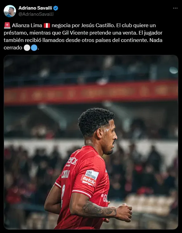 Gil Vicente complica llegada de Jesús Castillo (Foto: X @AdrianoSavalli).