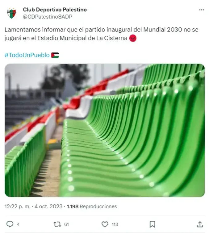 El tuit de la discordia en Palestino. (Captura Twitter @CDPalestinoSADP).